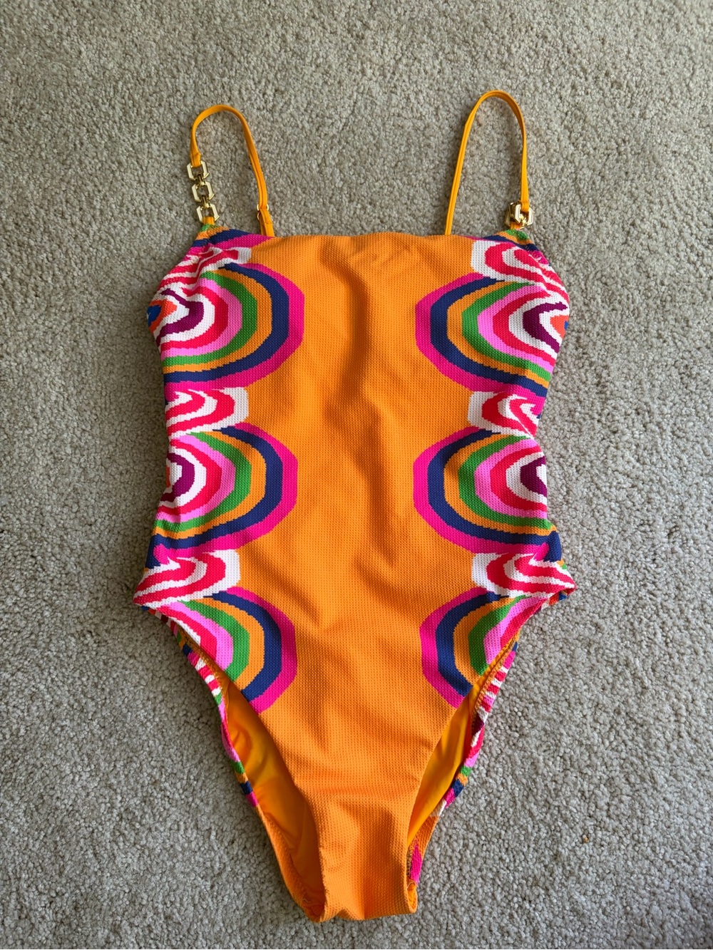 Trina Turk Orange One-Piece Swimsuit with Multicolor Retro Print